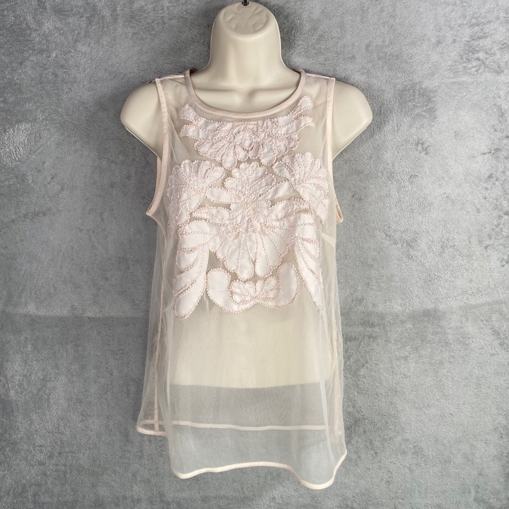 Sheer Floral Embroidered Tank Top Womens Small Pink Overlay Romantic‎ Boho
